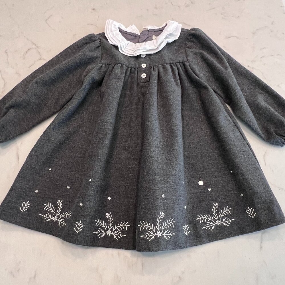 ETTOI Baby Girls Dress 2Y Gray Winter Long Sleeve Ruffle Collar Embroidered